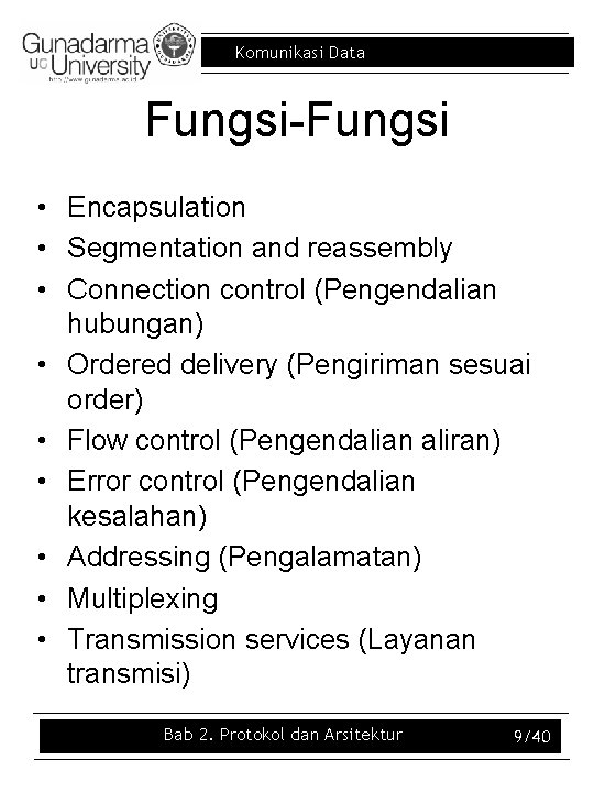 Komunikasi Data Fungsi-Fungsi • Encapsulation • Segmentation and reassembly • Connection control (Pengendalian hubungan)