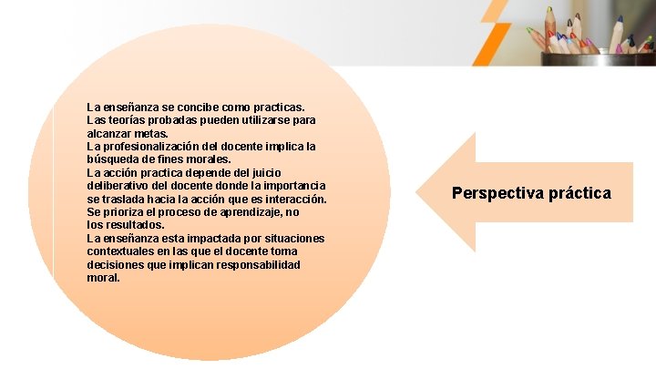 La enseñanza se concibe como practicas. Las teorías probadas pueden utilizarse para alcanzar metas.