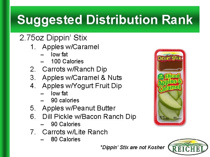 Suggested Distribution Rank 2. 75 oz Dippin’ Stix 1. Apples w/Caramel – – low