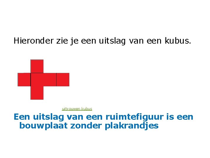 Hieronder zie je een uitslag van een kubus. uitvouwen kubus Een uitslag van een