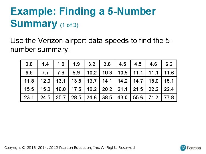 Example: Finding a 5 -Number Summary (1 of 3) Use the Verizon airport data