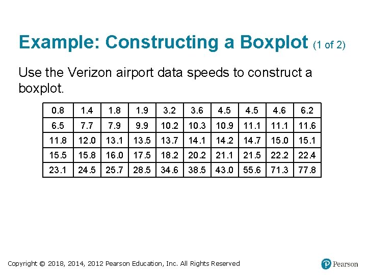 Example: Constructing a Boxplot (1 of 2) Use the Verizon airport data speeds to