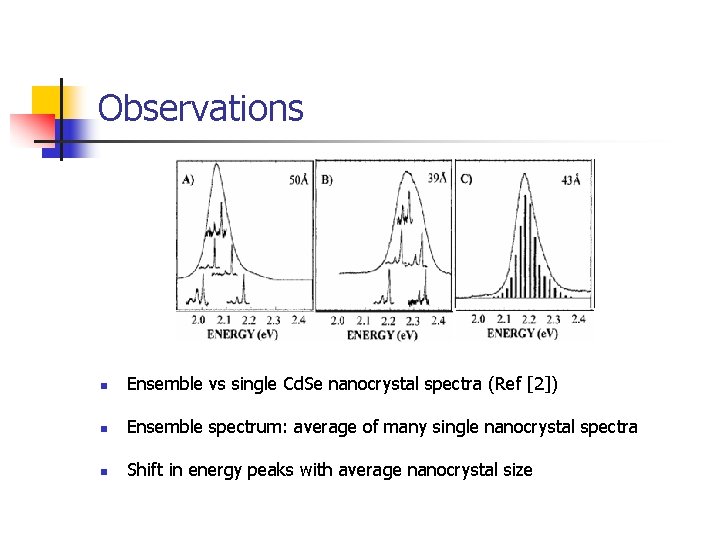 Observations n Ensemble vs single Cd. Se nanocrystal spectra (Ref [2]) n Ensemble spectrum: