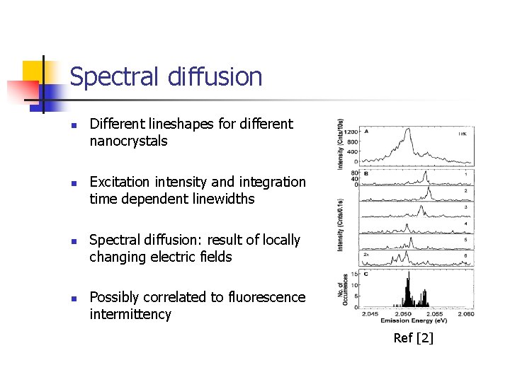 Spectral diffusion n n Different lineshapes for different nanocrystals Excitation intensity and integration time
