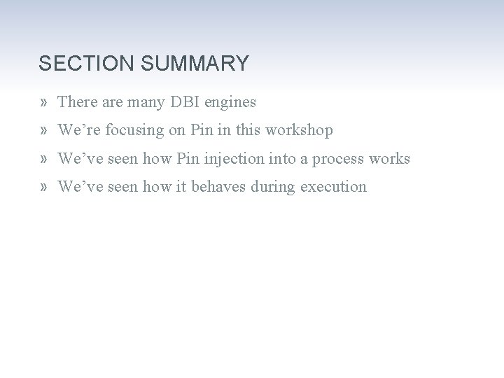 SECTION SUMMARY » There are many DBI engines » We’re focusing on Pin in