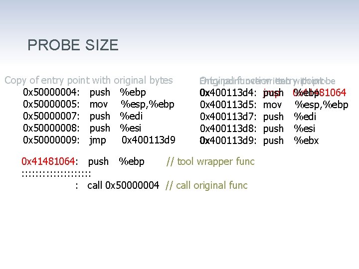 PROBE SIZE Copy of entry point with 0 x 50000004: push 0 x 50000005: