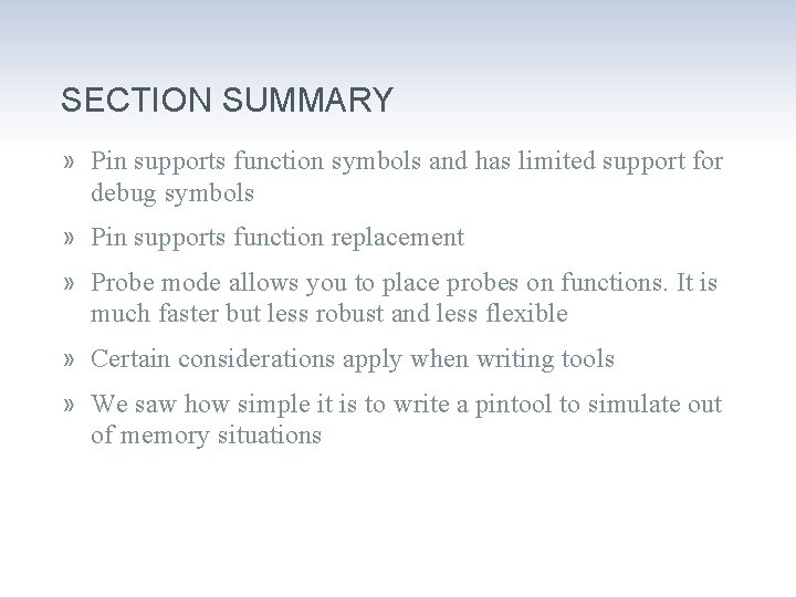 SECTION SUMMARY » Pin supports function symbols and has limited support for debug symbols