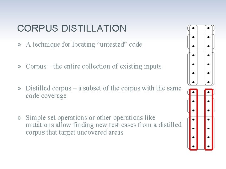 CORPUS DISTILLATION » A technique for locating “untested” code » Corpus – the entire