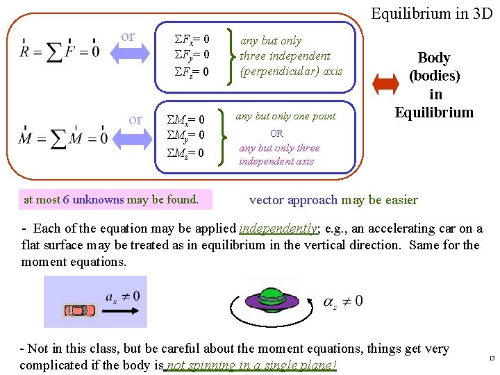 Equilibrium in 3 D or or Fx= 0 Fy= 0 Fz= 0 Mx= 0 Equilibrium in 3 D or or Fx= 0 Fy= 0 Fz= 0 Mx= 0