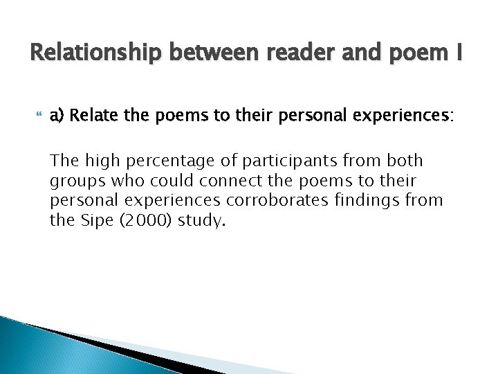 Relationship between reader and poem I a) Relate the poems to their personal experiences: