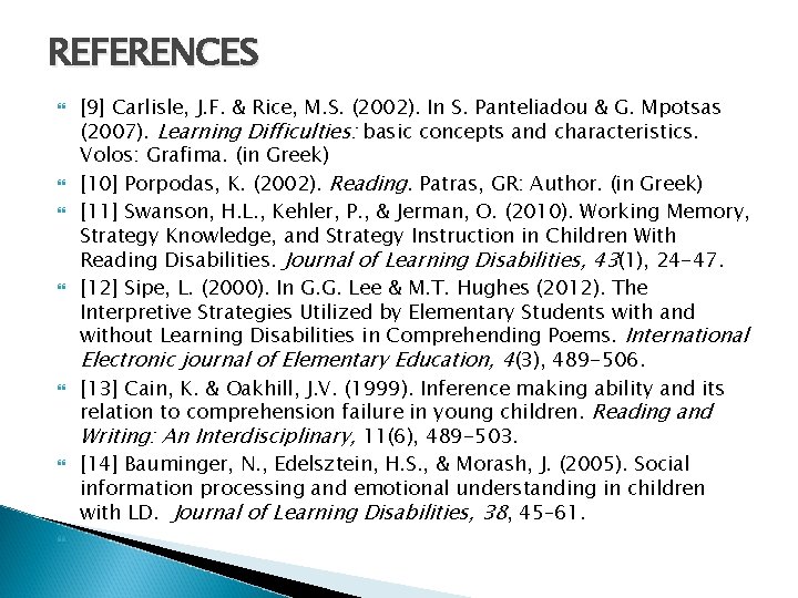 REFERENCES [9] Carlisle, J. F. & Rice, M. S. (2002). In S. Panteliadou &