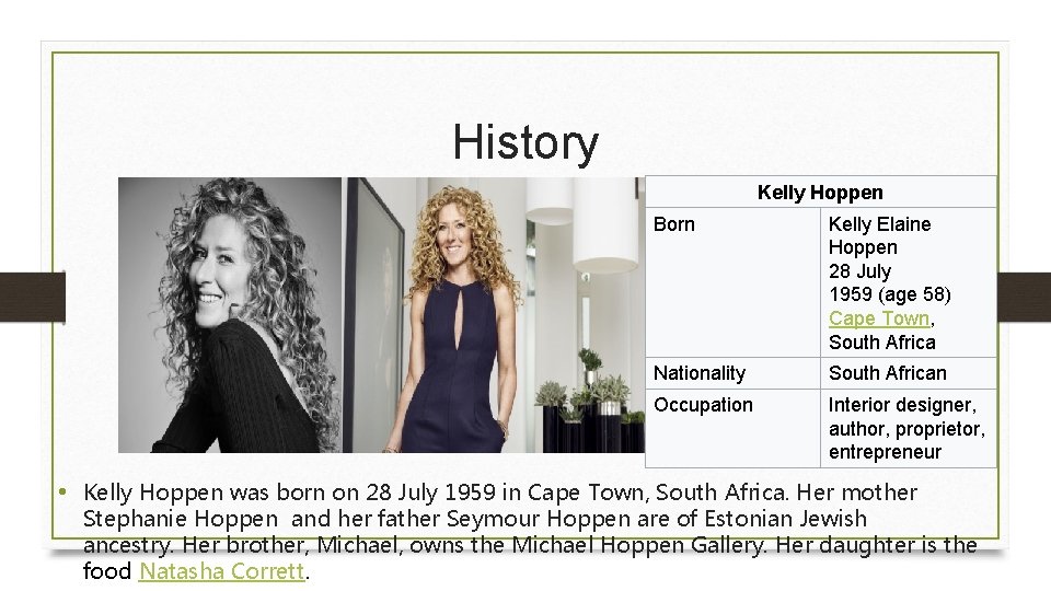 History Kelly Hoppen Born Kelly Elaine Hoppen 28 July 1959 (age 58) Cape Town,