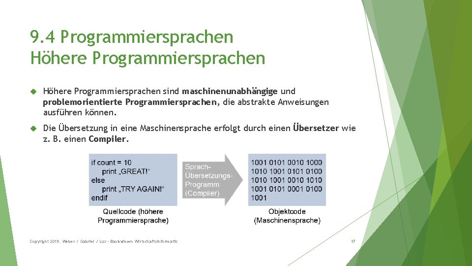9. 4 Programmiersprachen Höhere Programmiersprachen sind maschinenunabhängige und problemorientierte Programmiersprachen, die abstrakte Anweisungen ausführen
