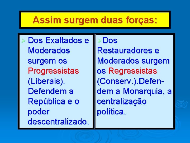 Assim surgem duas forças: Ø Dos Exaltados e Moderados surgem os Progressistas (Liberais). Defendem