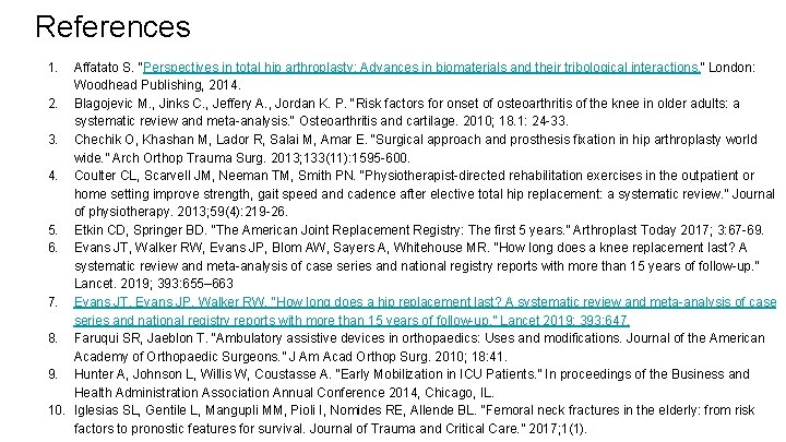 References 1. Affatato S. “Perspectives in total hip arthroplasty: Advances in biomaterials and their