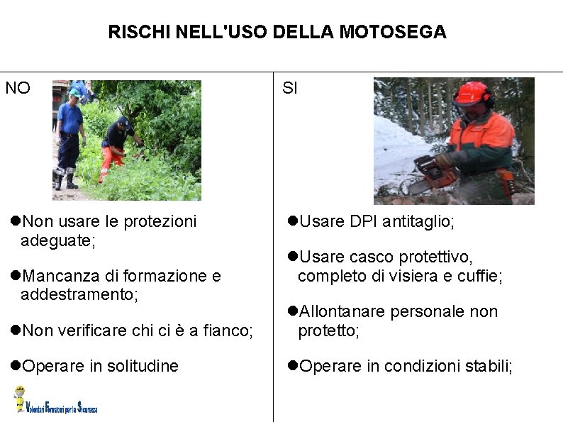 RISCHI NELL'USO DELLA MOTOSEGA NO SI Non usare le protezioni adeguate; Usare DPI antitaglio;