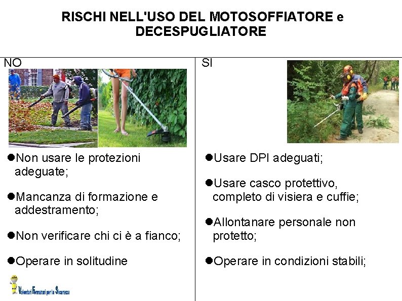 RISCHI NELL'USO DEL MOTOSOFFIATORE e DECESPUGLIATORE NO SI Non usare le protezioni adeguate; Usare