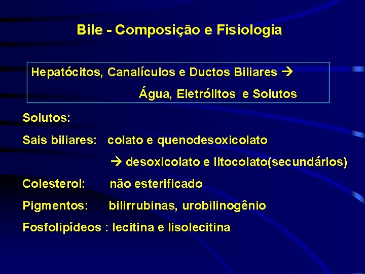 Bile - Composição e Fisiologia Hepatócitos, Canalículos e Ductos Biliares Água, Eletrólitos e Solutos: