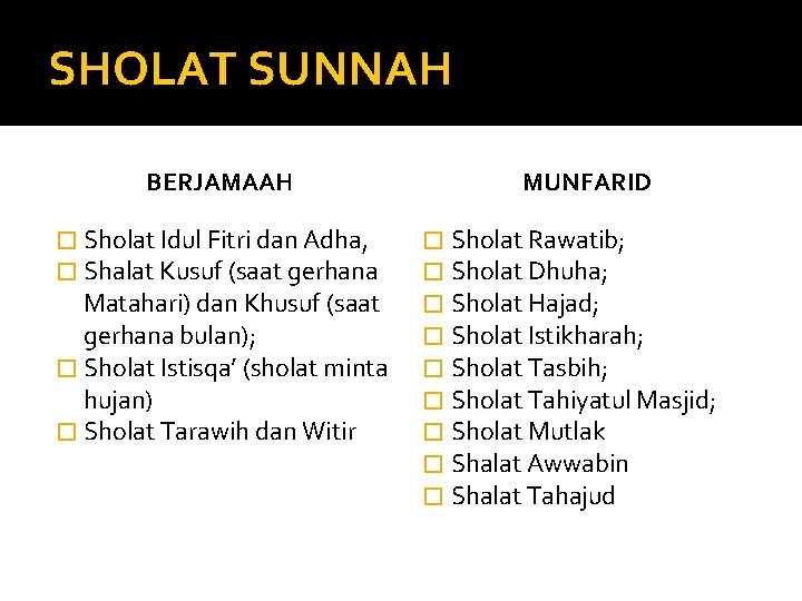 SHOLAT SUNNAH BERJAMAAH � Sholat Idul Fitri dan Adha, � Shalat Kusuf (saat gerhana