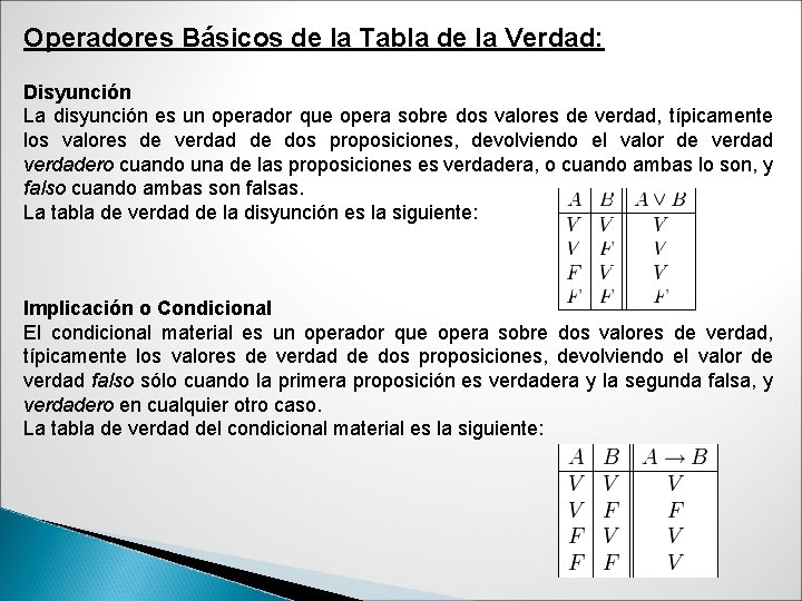 Operadores Básicos de la Tabla de la Verdad: Disyunción La disyunción es un operador