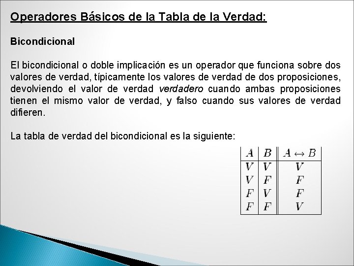 Operadores Básicos de la Tabla de la Verdad: Bicondicional El bicondicional o doble implicación