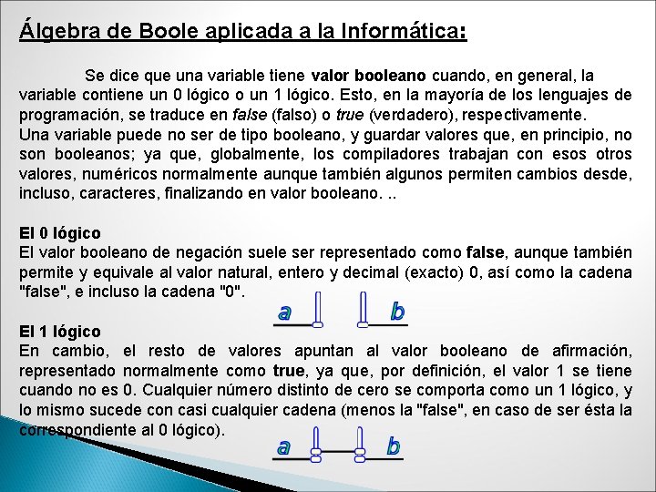 Álgebra de Boole aplicada a la Informática: Se dice que una variable tiene valor