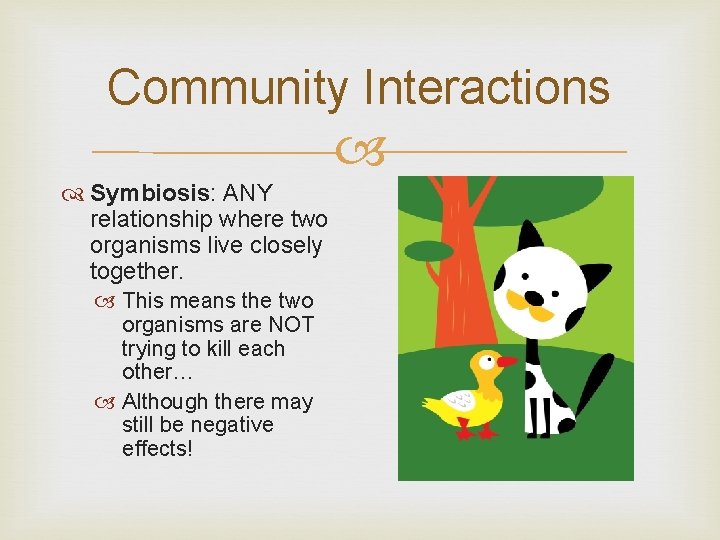 Community Interactions Symbiosis: ANY relationship where two organisms live closely together. This means the