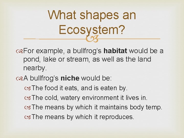 What shapes an Ecosystem? For example, a bullfrog’s habitat would be a pond, lake What shapes an Ecosystem? For example, a bullfrog’s habitat would be a pond, lake