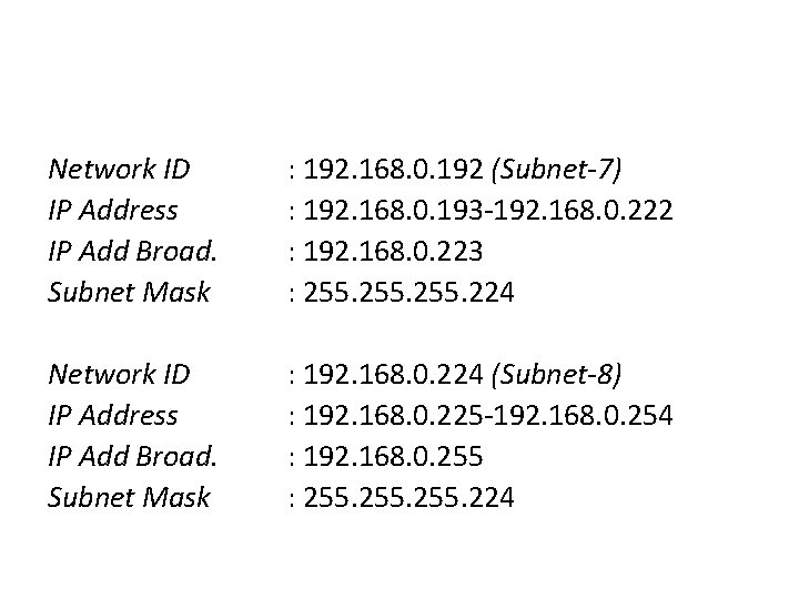 Network ID IP Address IP Add Broad. Subnet Mask : 192. 168. 0. 192