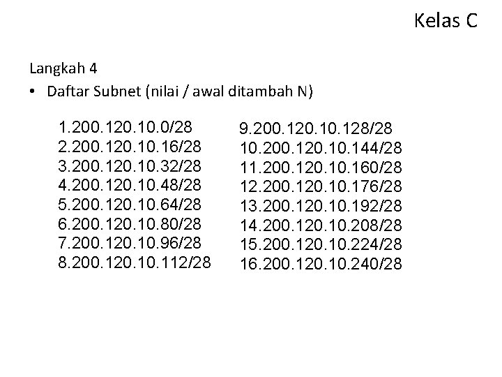 Kelas C Langkah 4 • Daftar Subnet (nilai / awal ditambah N) 1. 200.