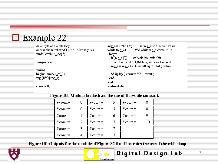 o Example 22 //example of a while loop //count the number of 1 s