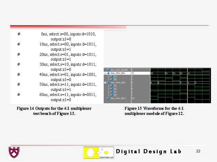 # # # # 0 ns, select: s=00, inputs: d=1010, output: z 1=0 10