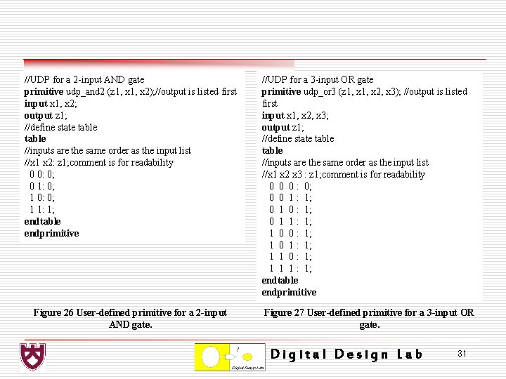 //UDP for a 2 -input AND gate primitive udp_and 2 (z 1, x 2);