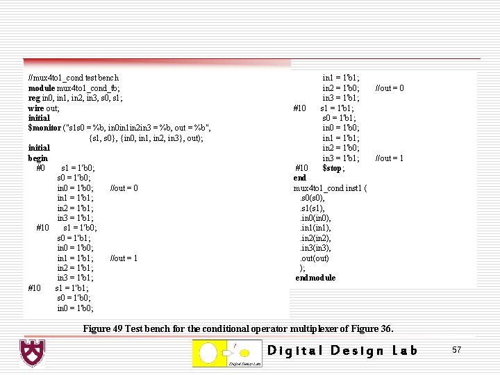 //mux 4 to 1_cond test bench module mux 4 to 1_cond_tb; reg in 0,