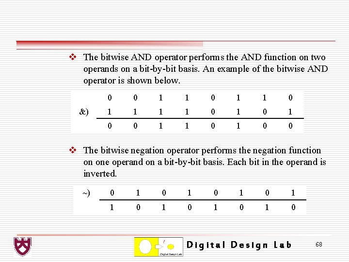 v The bitwise AND operator performs the AND function on two operands on a