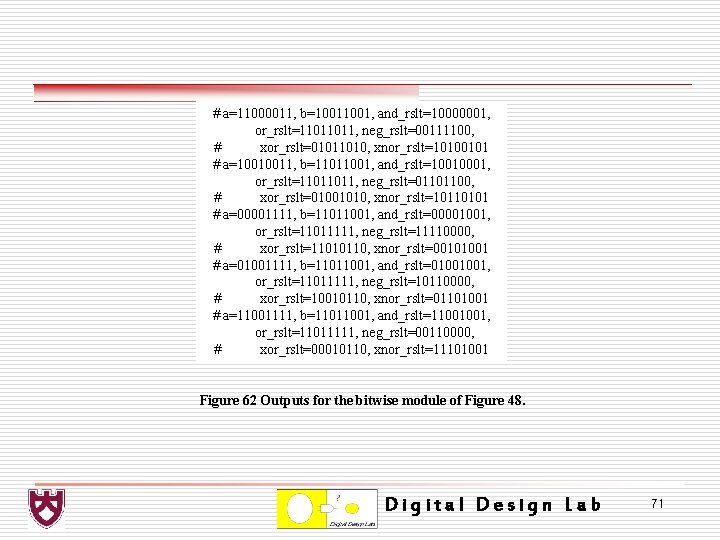 # a=11000011, b=1001, and_rslt=10000001, or_rslt=11011011, neg_rslt=00111100, # xor_rslt=01011010, xnor_rslt=10100101 # a=10010011, b=11011001, and_rslt=10010001, or_rslt=11011011,