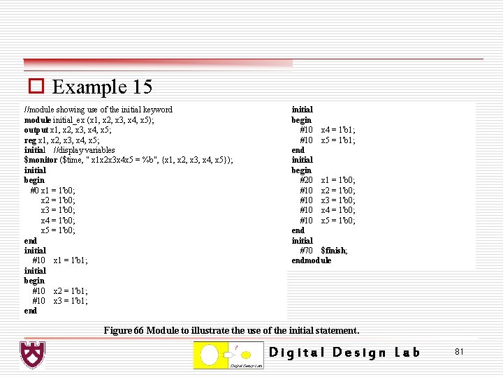 o Example 15 //module showing use of the initial keyword module initial_ex (x 1,