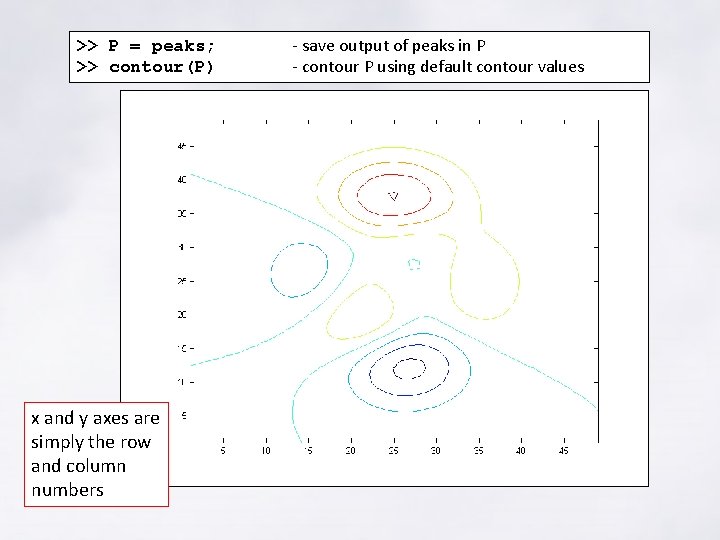 >> P = peaks; >> contour(P) x and y axes are simply the row >> P = peaks; >> contour(P) x and y axes are simply the row