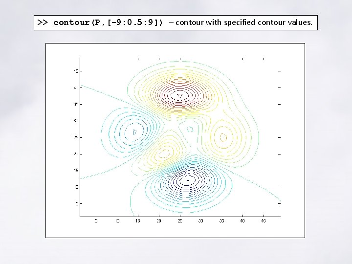 >> contour(P, [-9: 0. 5: 9]) – contour with specified contour values. 