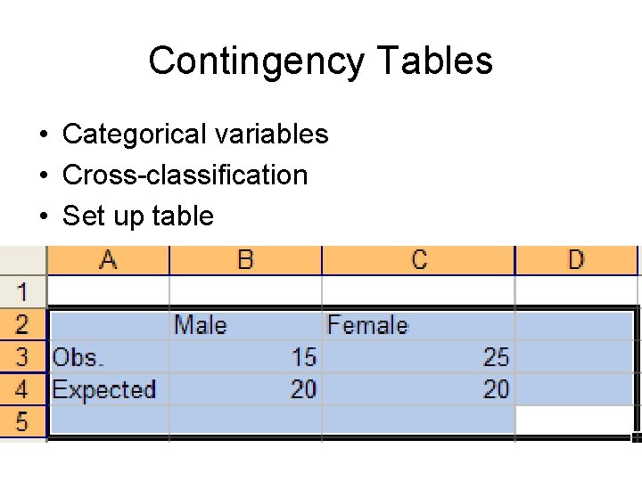 Contingency Tables • Categorical variables • Cross-classification • Set up table 