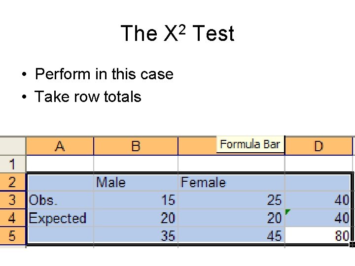 The X 2 Test • Perform in this case • Take row totals 