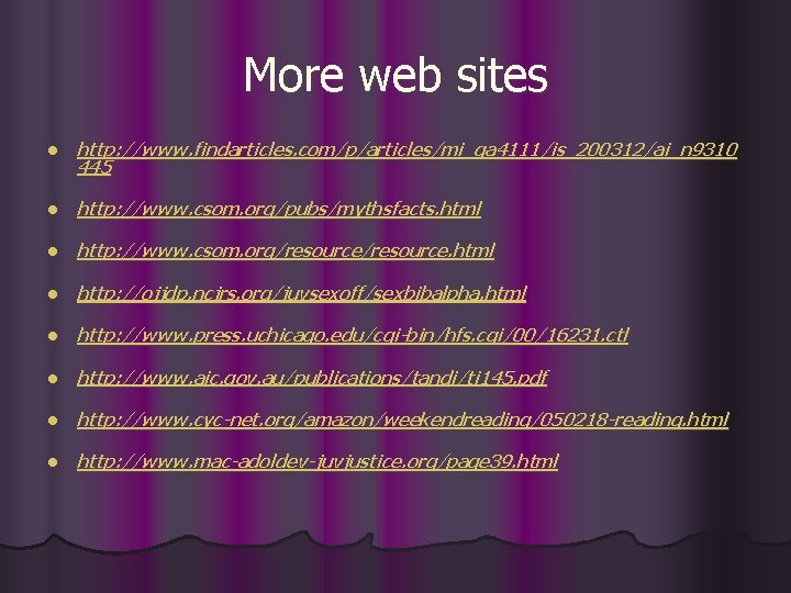 More web sites l http: //www. findarticles. com/p/articles/mi_qa 4111/is_200312/ai_n 9310 445 l http: //www.