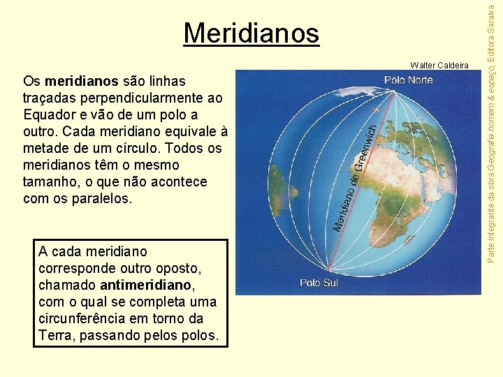 Walter Caldeira Os meridianos são linhas traçadas perpendicularmente ao Equador e vão de um