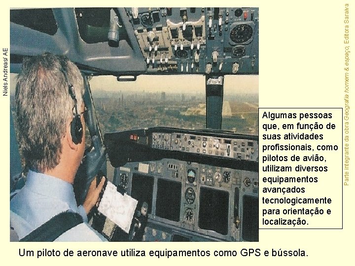 Um piloto de aeronave utiliza equipamentos como GPS e bússola. Parte integrante da obra