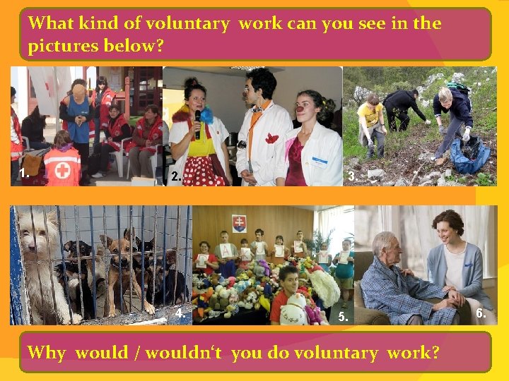 What kind of voluntary work can you see in the pictures below? 1. 2.
