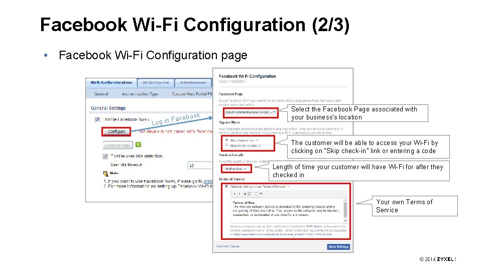 Facebook Wi-Fi Configuration (2/3) • Facebook Wi-Fi Configuration page k aceboo F n i