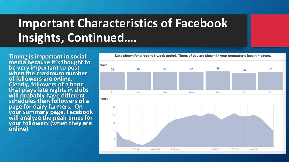 Important Characteristics of Facebook Insights, Continued…. Timing is important in social media because it’s