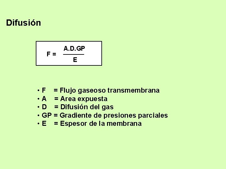 Difusión F= A. D. GP E • F = Flujo gaseoso transmembrana • A