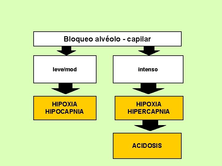 Bloqueo alvéolo - capilar leve/mod intenso HIPOXIA HIPOCAPNIA HIPOXIA HIPERCAPNIA ACIDOSIS 