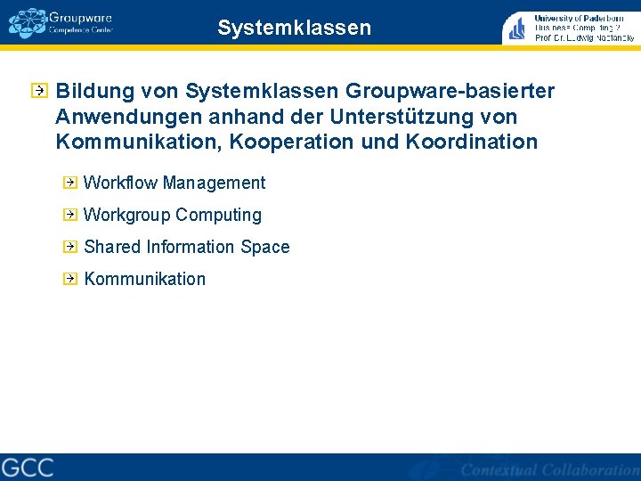 Systemklassen Bildung von Systemklassen Groupware-basierter Anwendungen anhand der Unterstützung von Kommunikation, Kooperation und Koordination Systemklassen Bildung von Systemklassen Groupware-basierter Anwendungen anhand der Unterstützung von Kommunikation, Kooperation und Koordination
